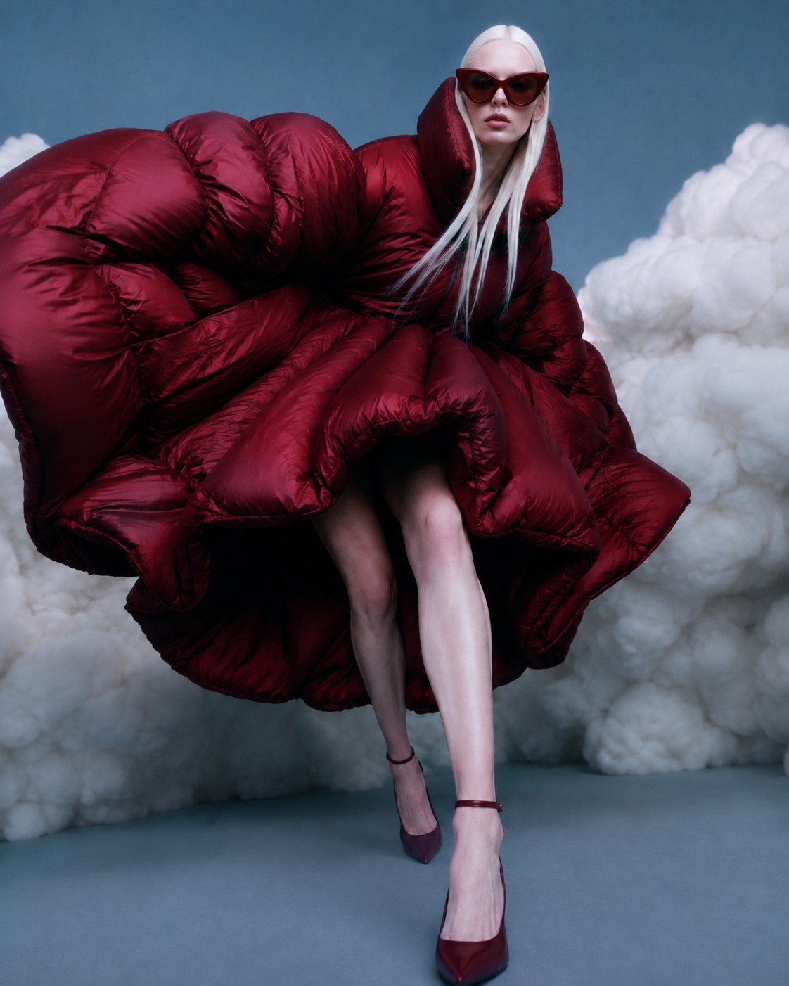 A puffer that’s swallowed the furniture, a sky full of upholstery, and one pair of sunglasses that refuses to soften.