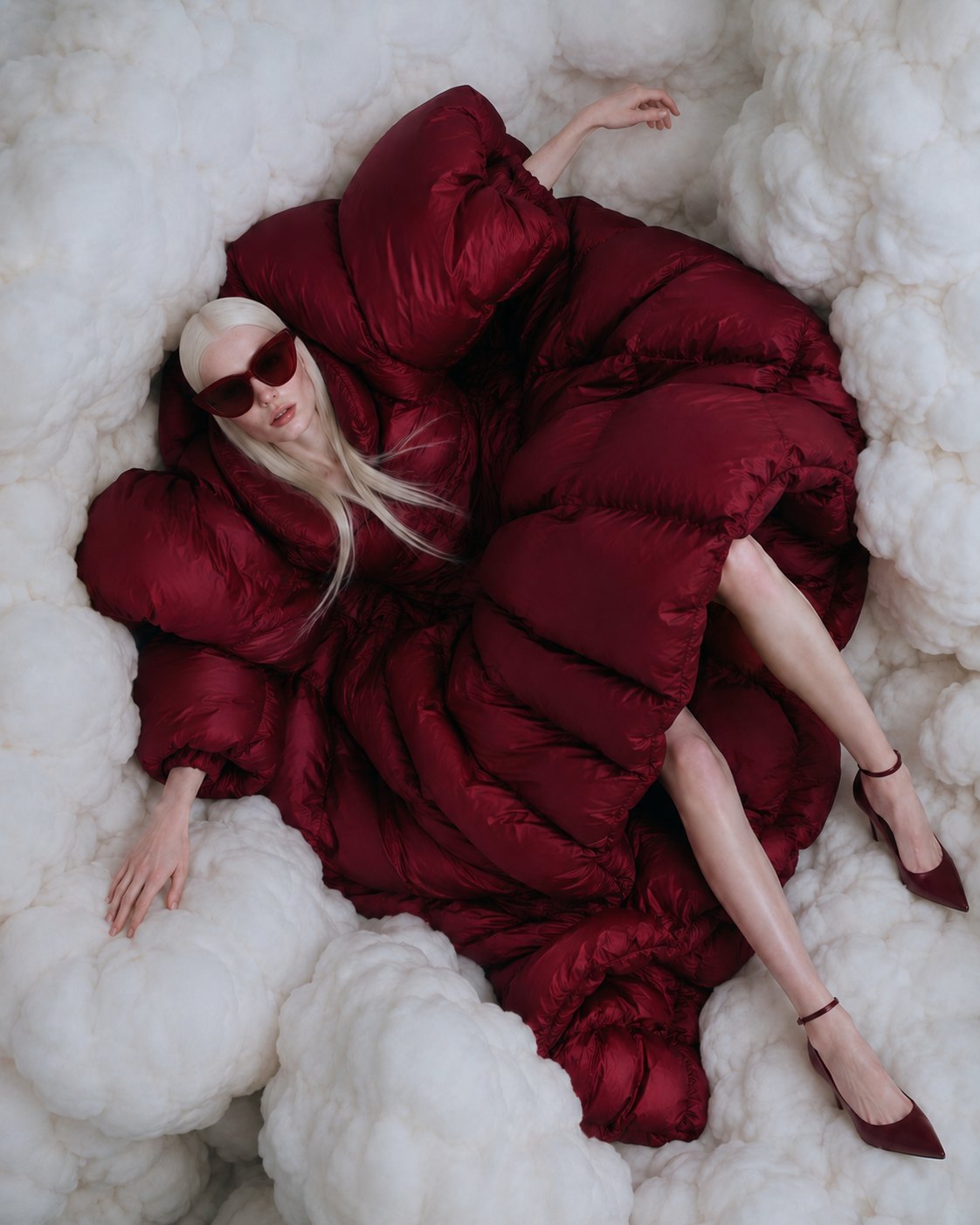 A puffer that’s swallowed the furniture, a sky full of upholstery, and one pair of sunglasses that refuses to soften.