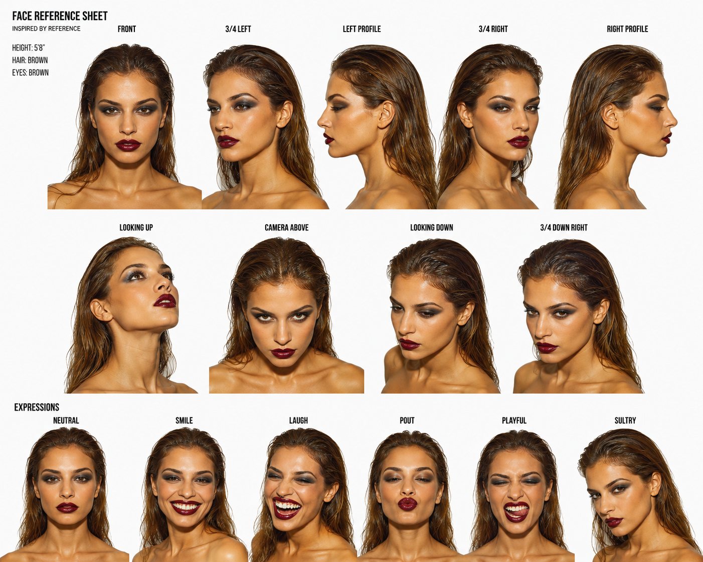 The same woman in every frame, built once as a reference set.