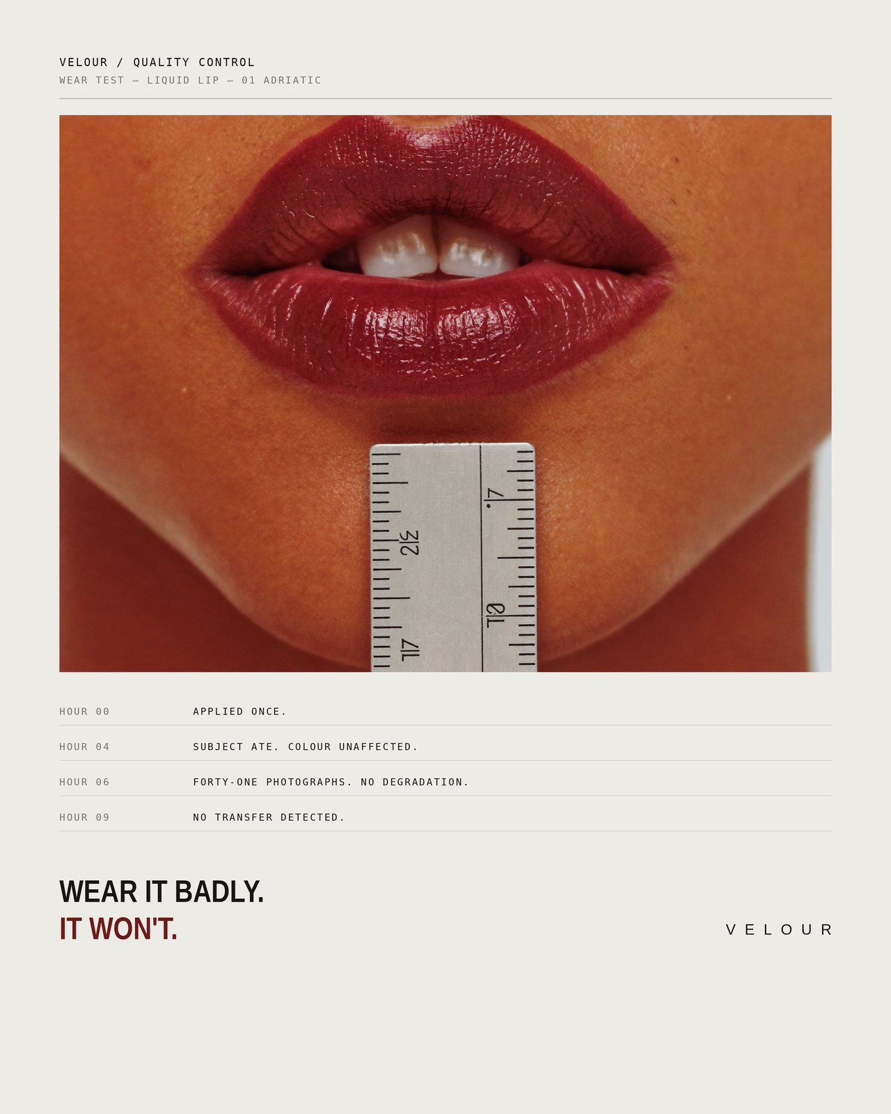 A beauty ad written as quality control.