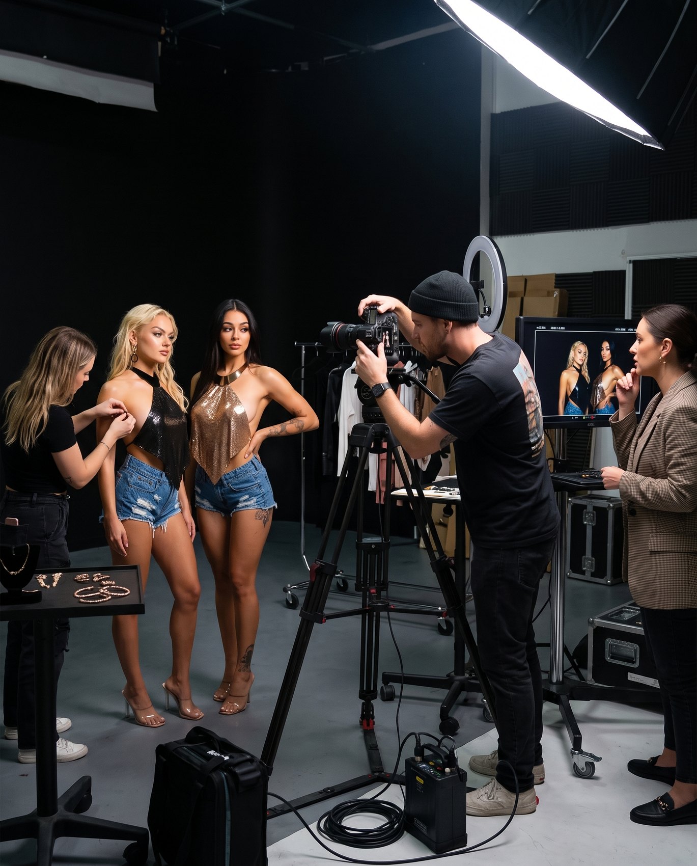 On set: photographer, rig, three models